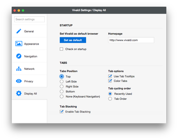 Vivaldi – Окно настроек