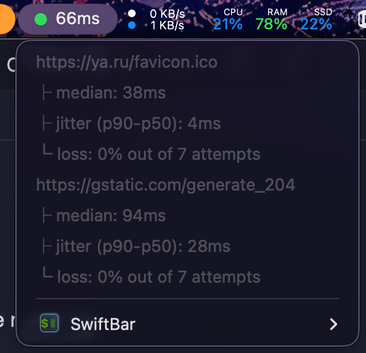 Скриншот плагина Pingometr для SwiftBar